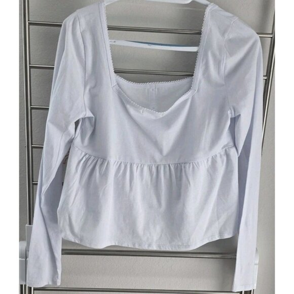 Frankee & Skylar White Babydoll Top XL Square Neck Lace Trim Peplum Blouse - Picture 3 of 10
